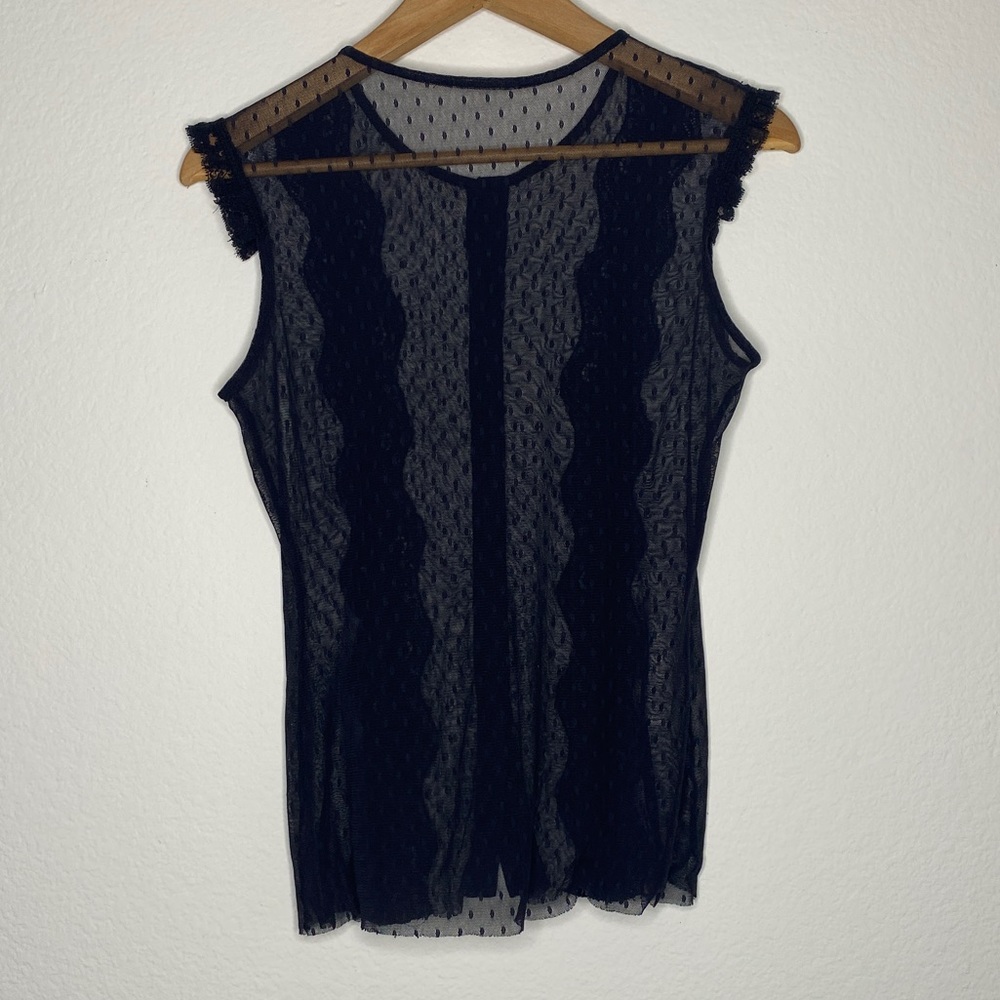 Sheer Black Lace Tank Top w Buttons & Ruffles